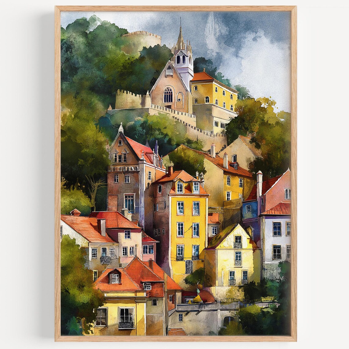 Sintra Portugal Watercolor Colorful Hillside Castle Town Poster