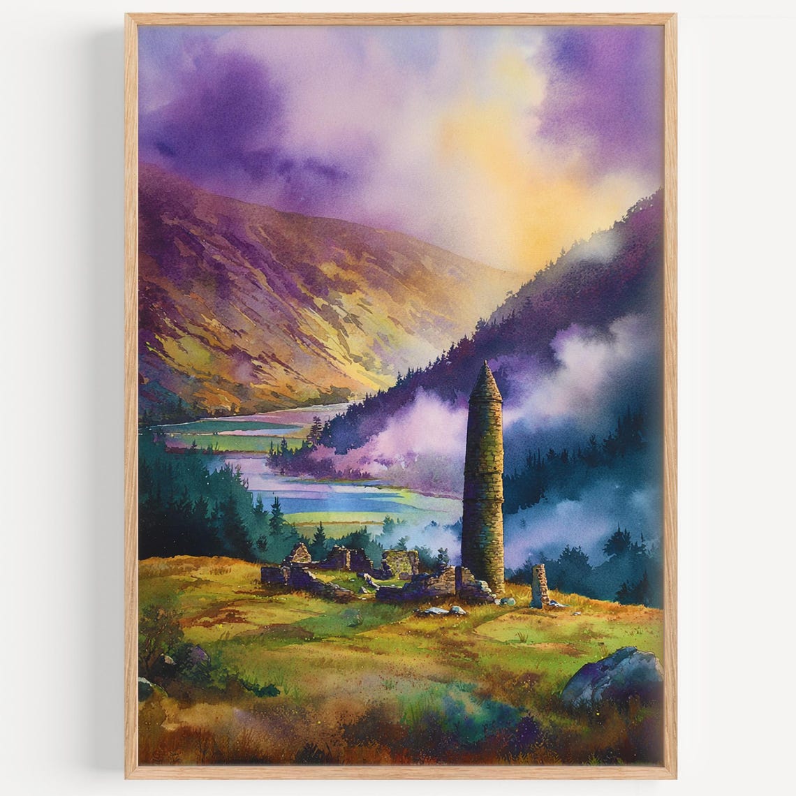 Glendalough Ireland Round Tower Misty Valley Watercolor Poster