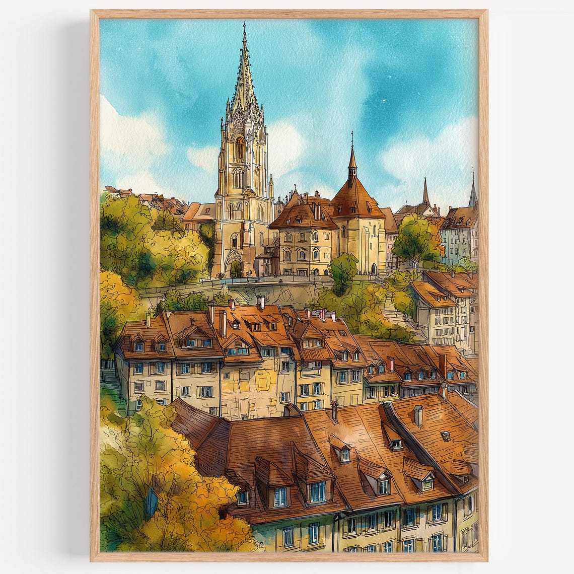Bern Switzerland Old Town Cathedral Spire Watercolor Travel Poster