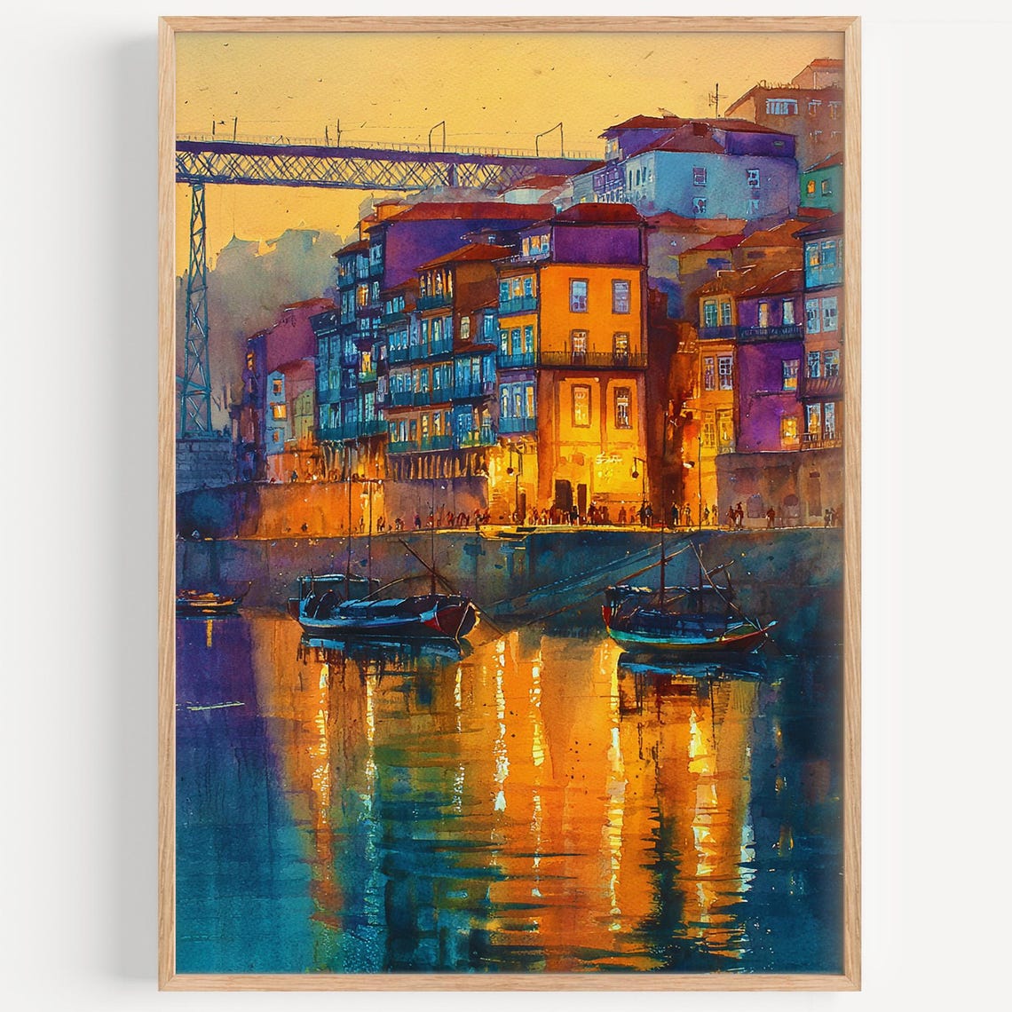 Porto Portugal Ribeira Riverfront Golden Dusk Watercolor Poster