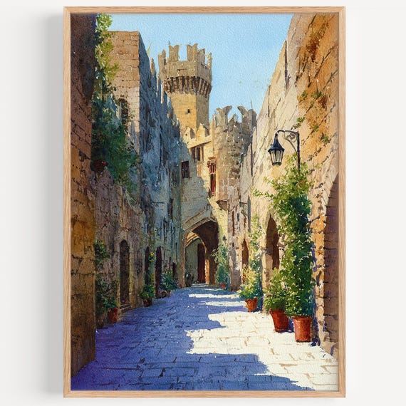 Rhodes Watercolor Painting Wall Art Print Greece Travel Poster Decor Illustration Home