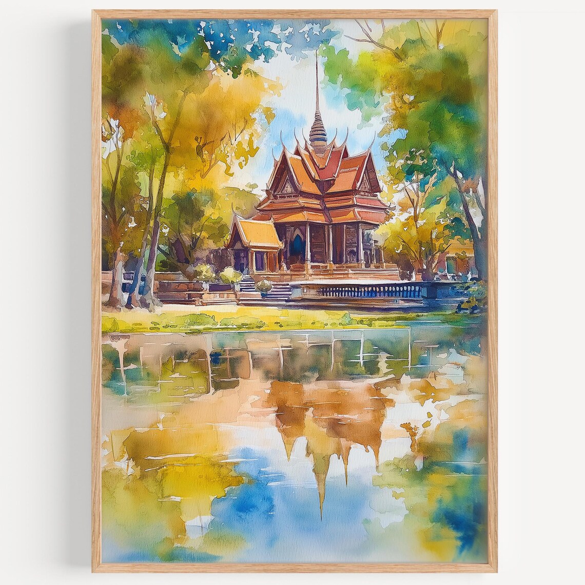 Ayutthaya Watercolor Travel Poster, Thailand Decor