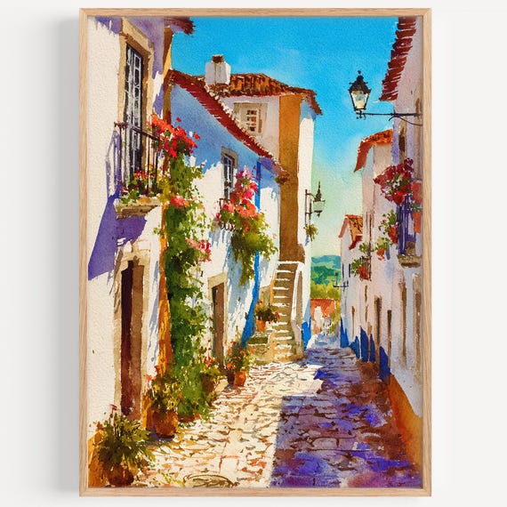 Obidos Watercolor Painting Wall Art Print Portugal Travel Poster Decor Illustration Home