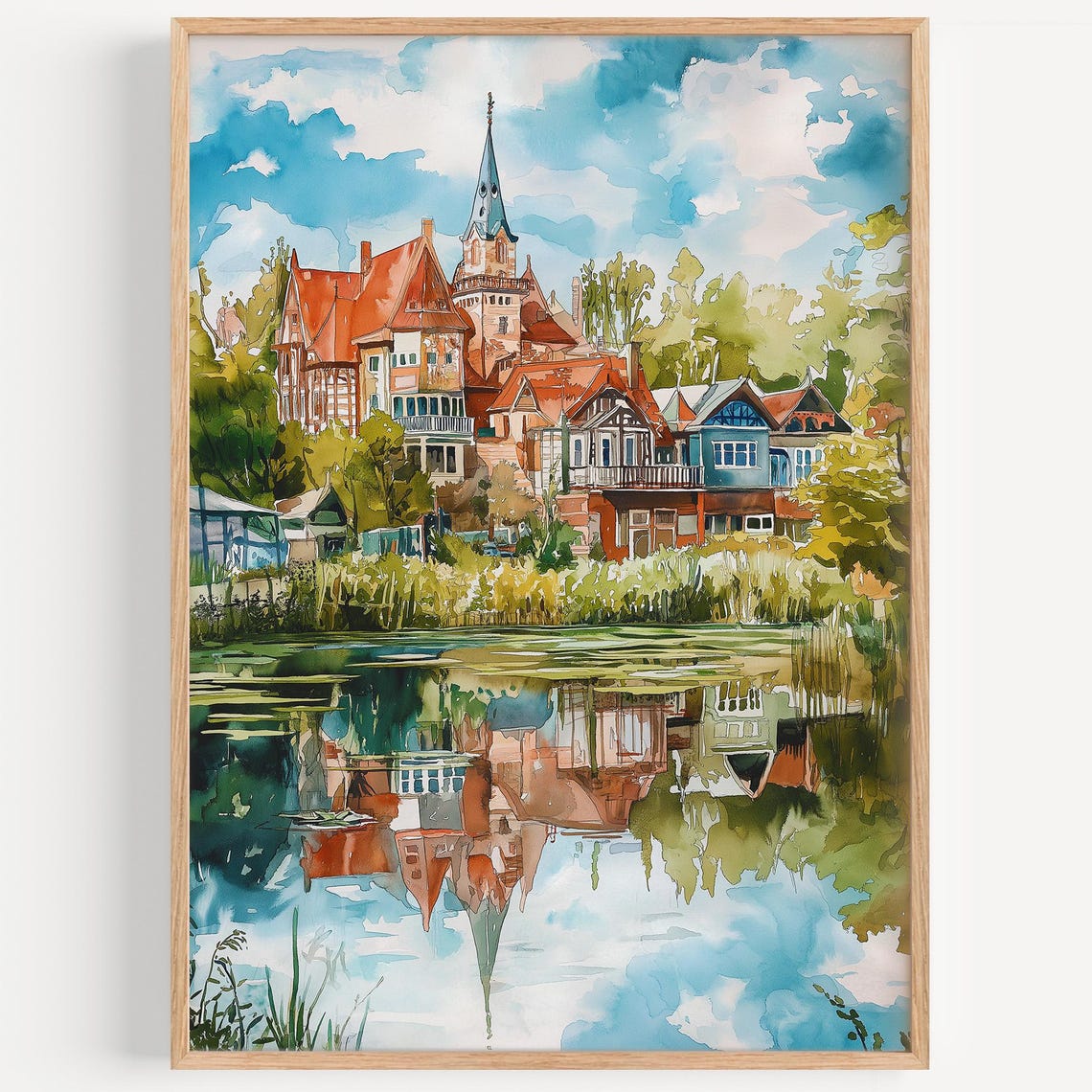 Riverside European Village Church Steeple Lake Reflection Poster