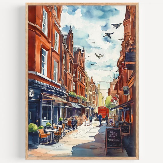 Soho Watercolor Painting London Wall Art Print Travel Poster Uk Decor Illustration Home