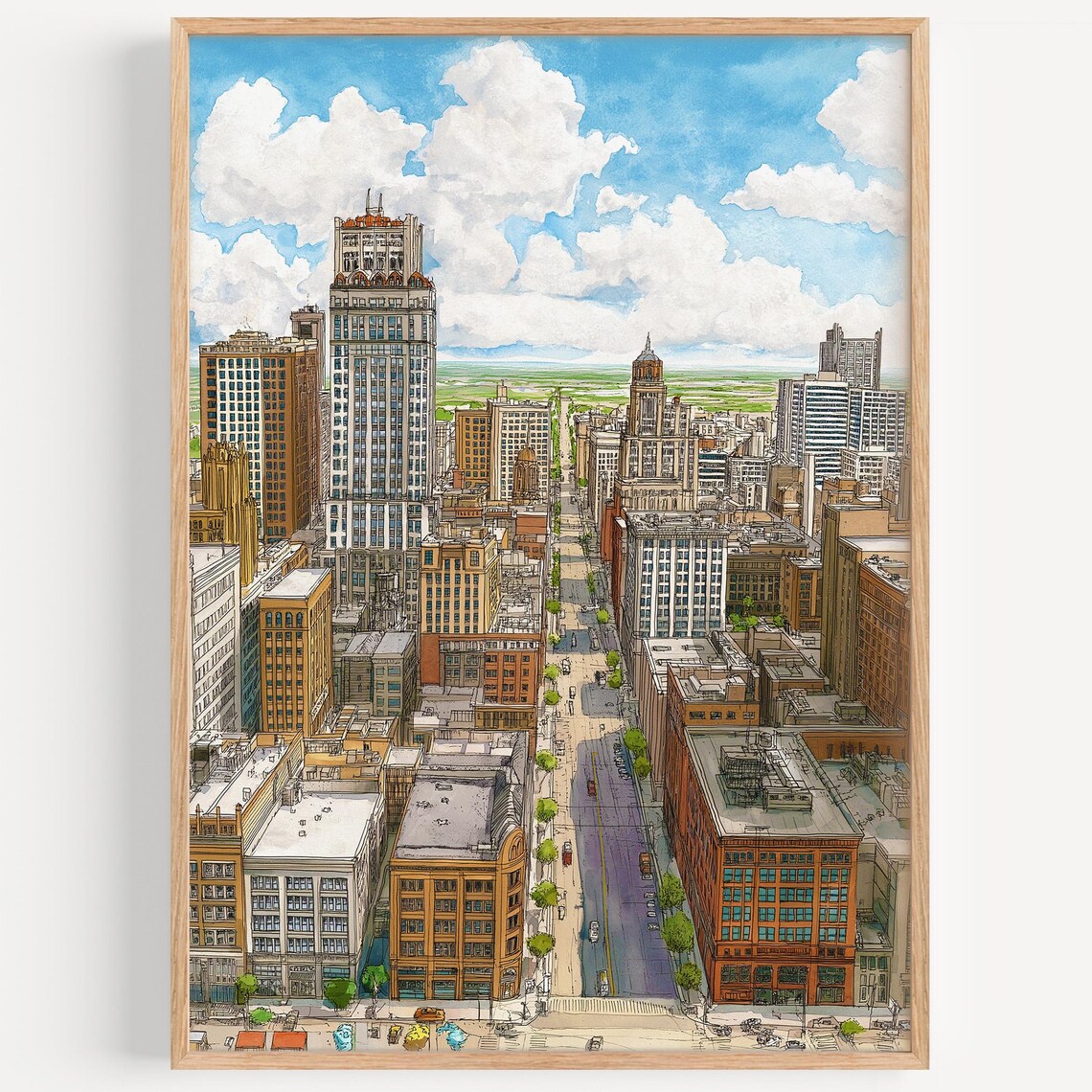 Detroit Michigan Downtown Skyline Aerial Watercolor City Travel Poster