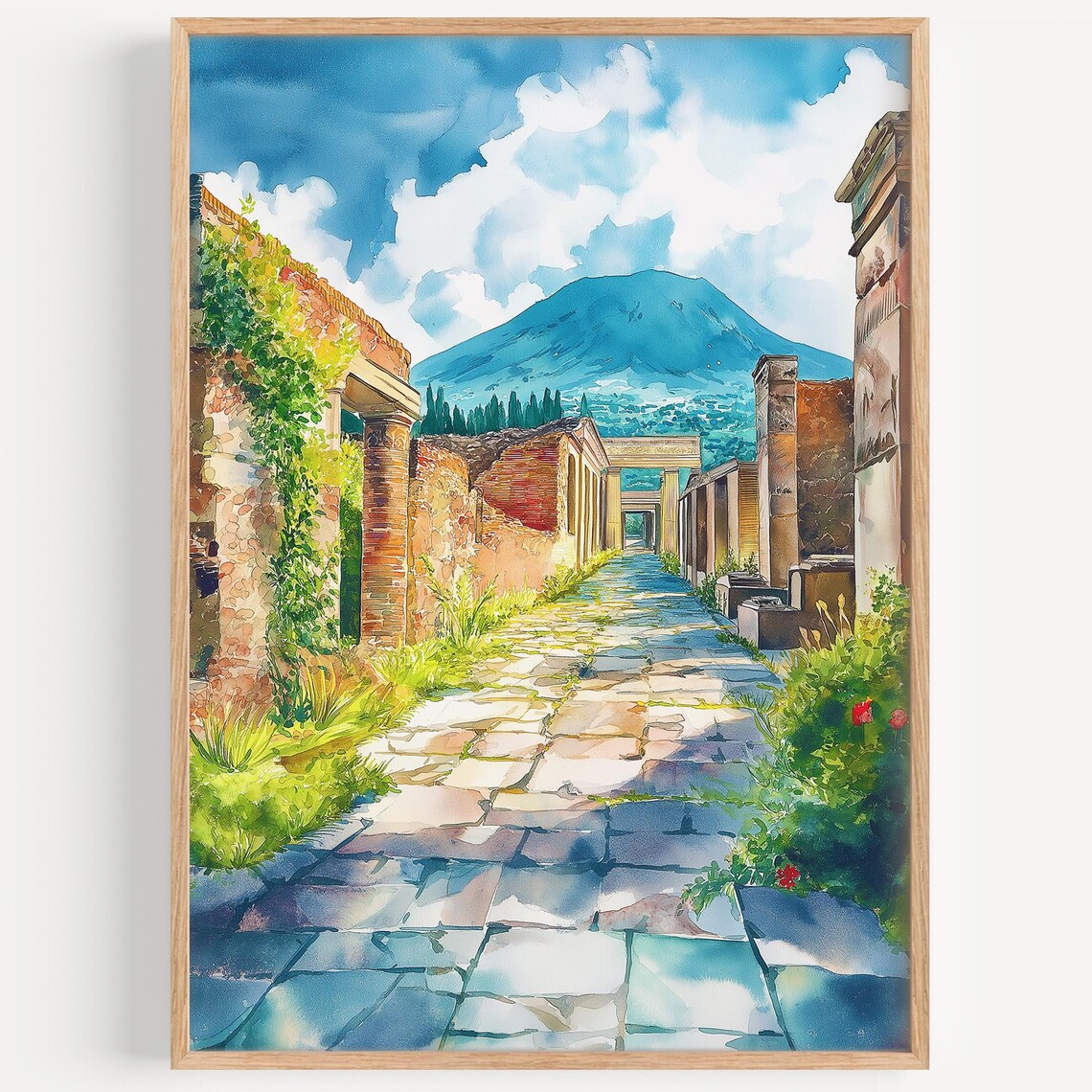 Pompeii Watercolor Travel Poster, Italy Decor