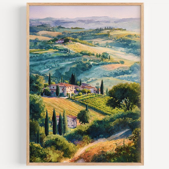 Tuscany Watercolor Painting Wall Art Print Italy Travel Poster Decor Illustration Home