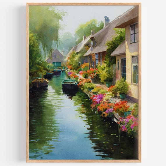 Giethoorn Watercolor Painting Wall Art Print Travel Poster Netherlands Decor Illustration Home