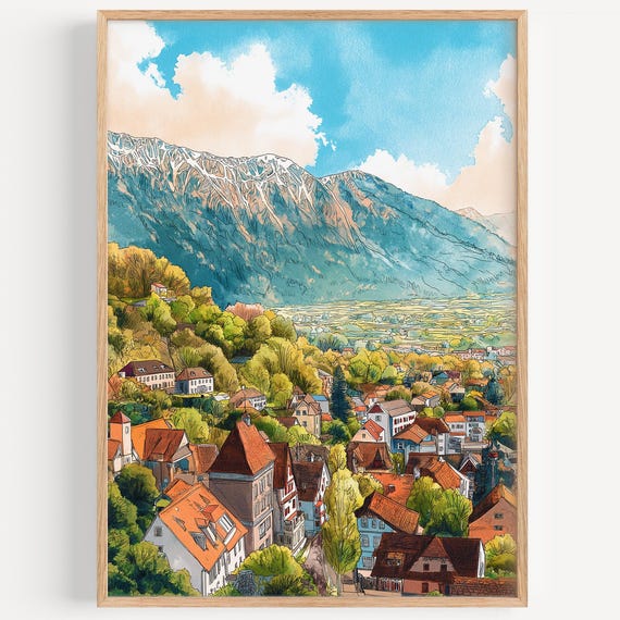 Vaduz Watercolor Painting Wall Art Print Travel Poster Liechtenstein Decor Illustration Home