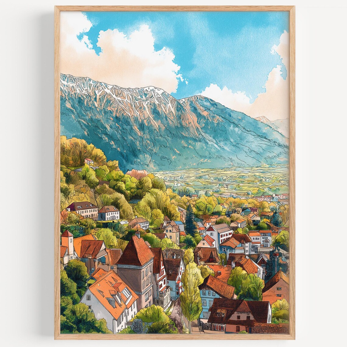 Vaduz Liechtenstein Alpine Town Mountains Watercolor Travel Poster