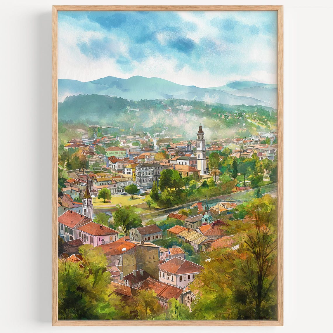 Banja Luka Bosnia Old Town Churches River Valley Watercolor Poster