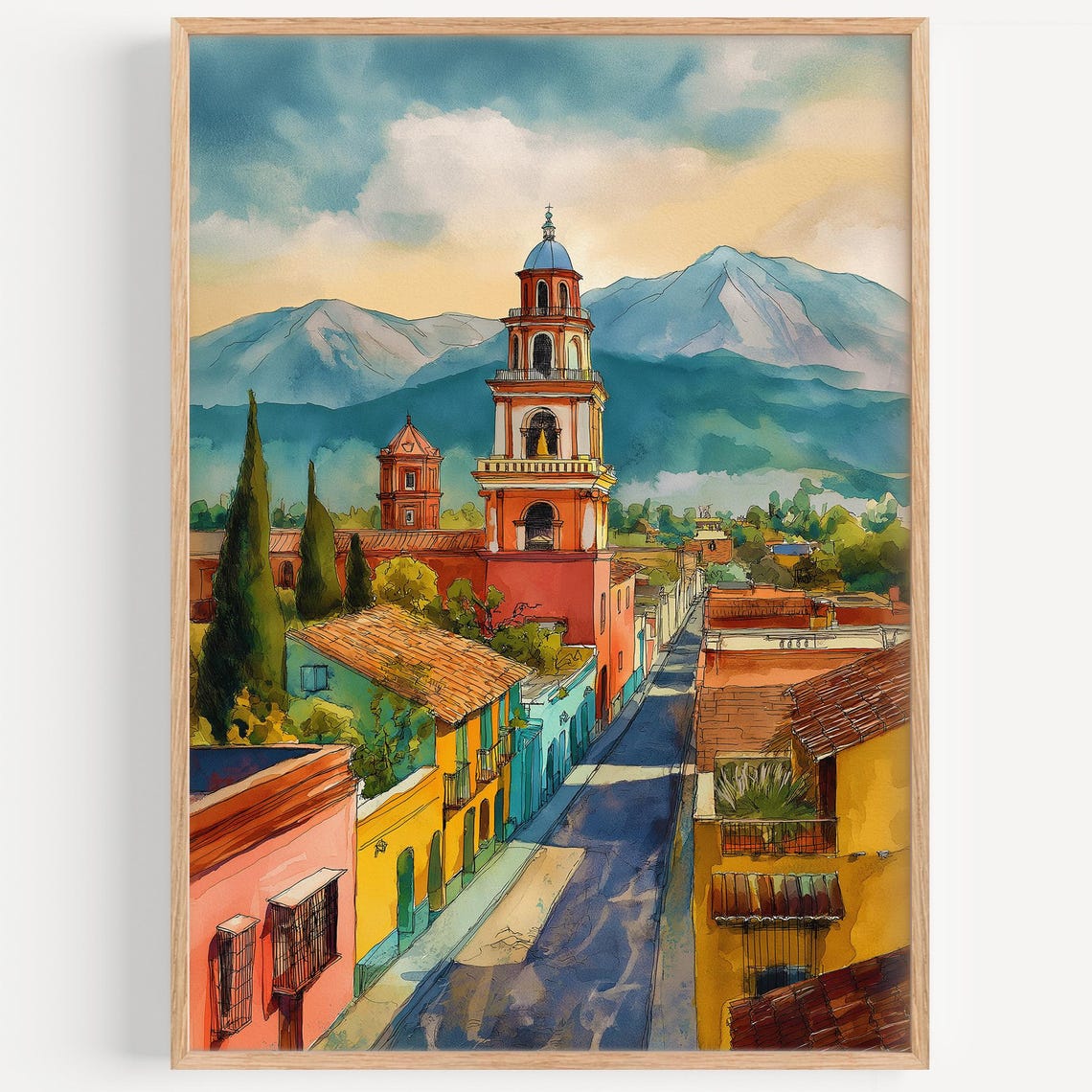 Salta Argentina Colonial Church Tower Andes Mountain Watercolor Poster