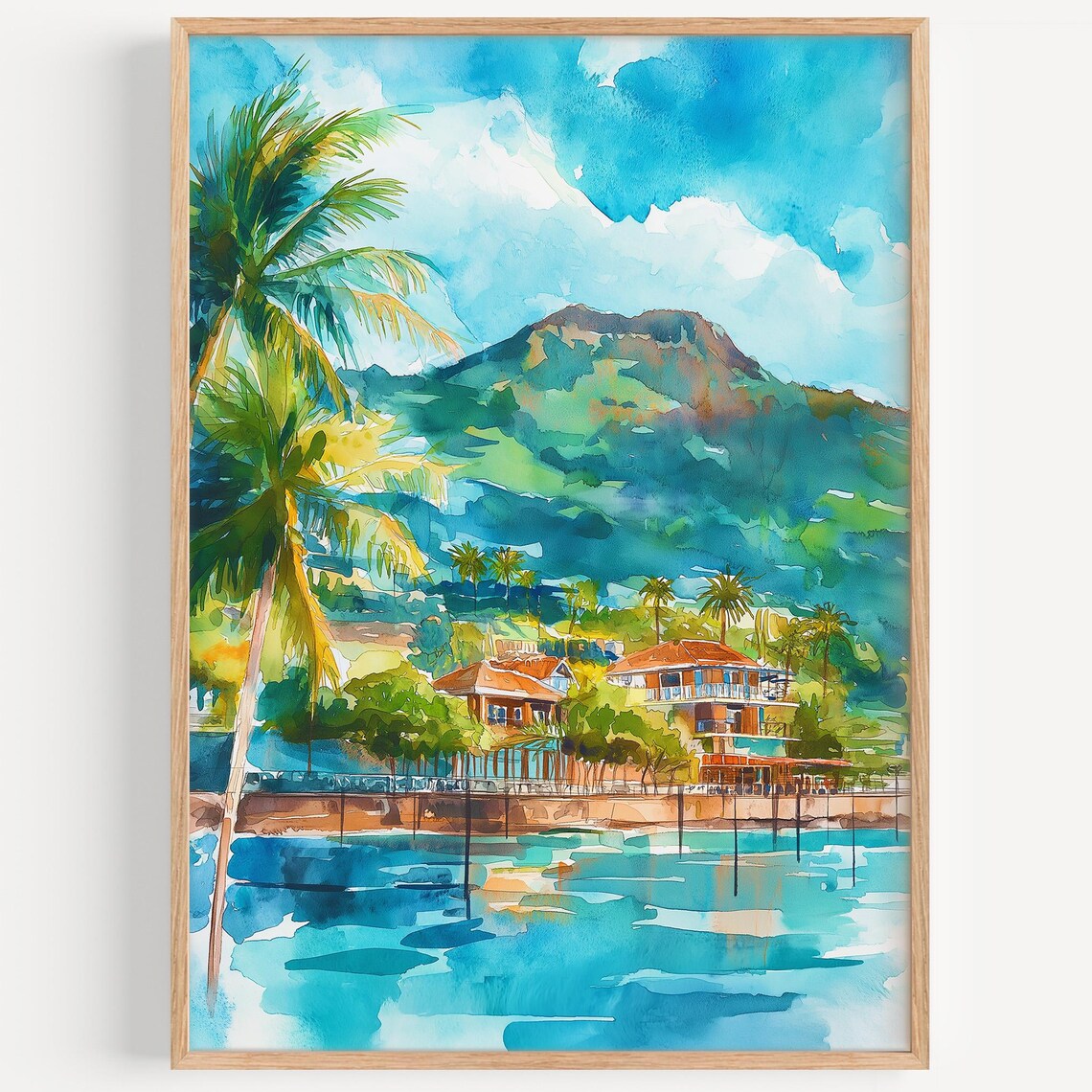 Noumea Tropical Waterfront Palm Trees Bay Mountain Watercolor View Poster