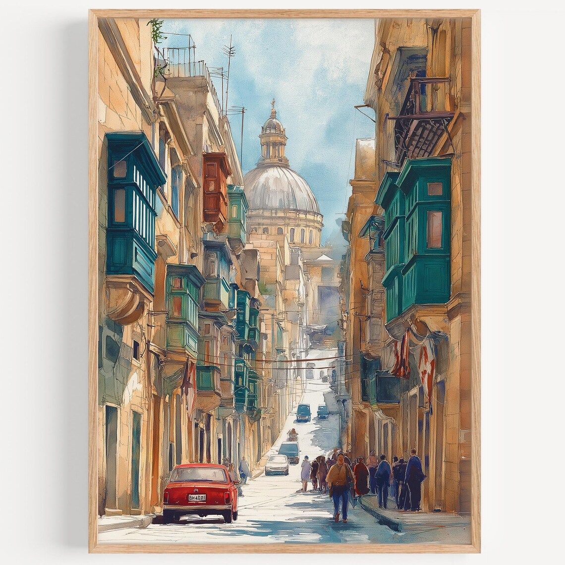 Valletta Watercolor Painting Travel Poster, Malta