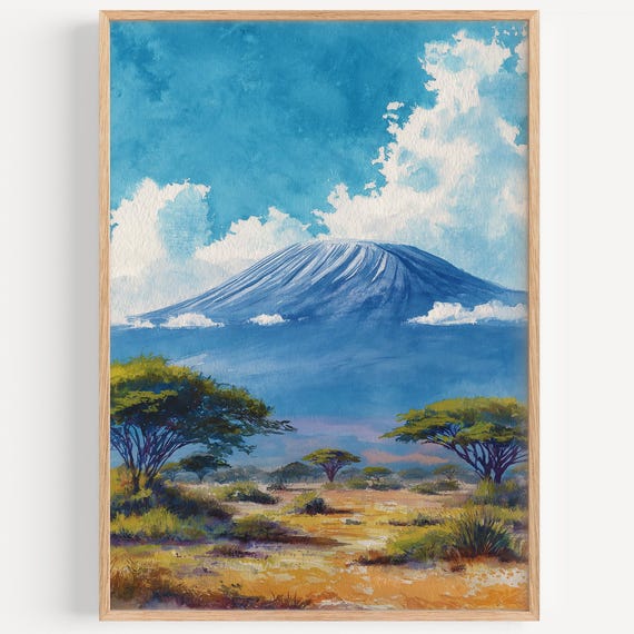 Mount Kilimanjaro Watercolor Painting Wall Art Print Travel Poster Decor Illustration Home