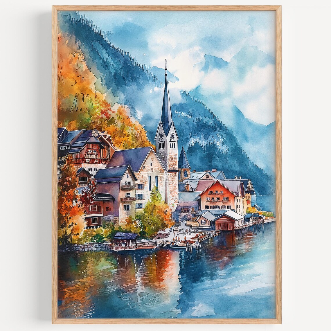 Hallstatt Lakeside Church Watercolor Austria Alpine Travel Poster