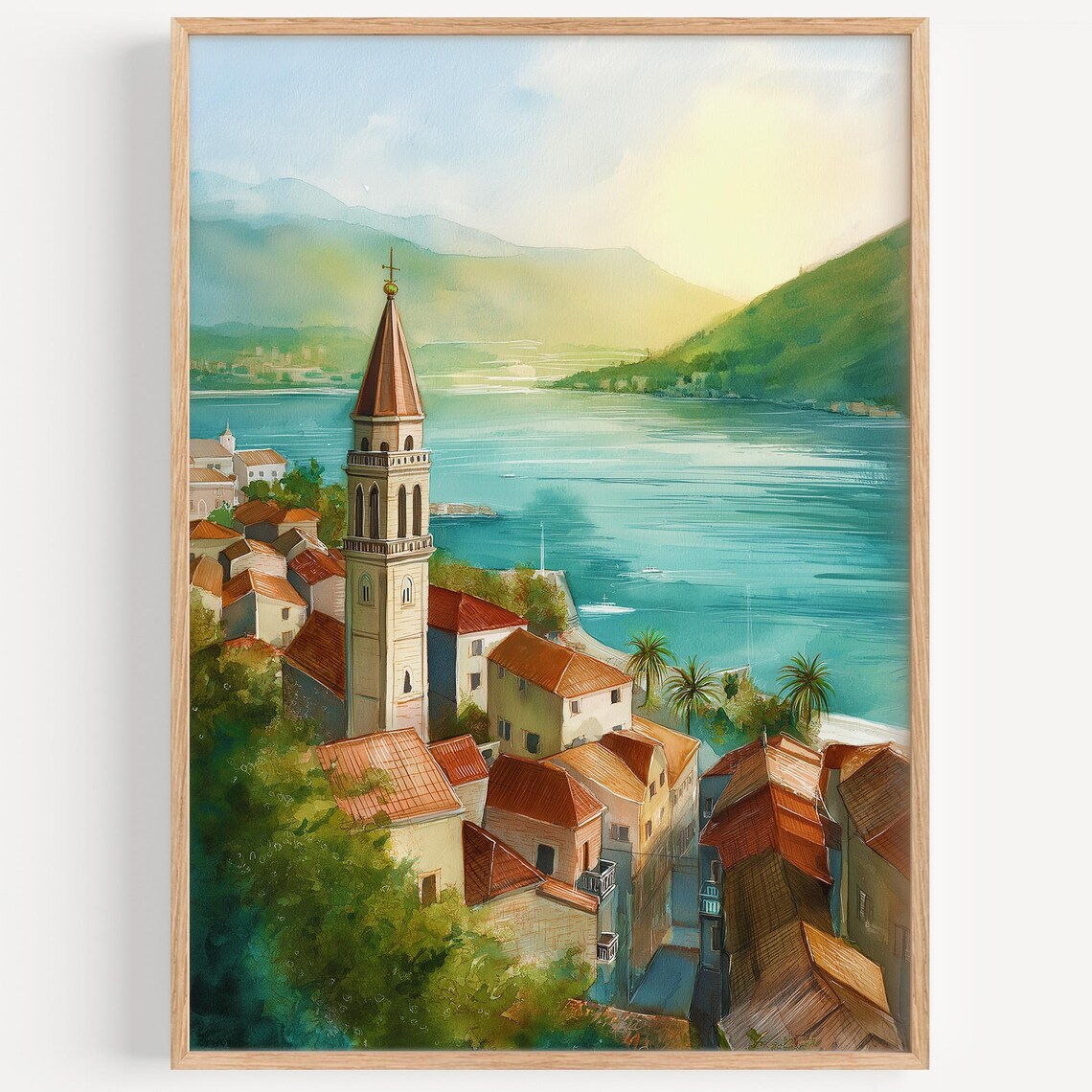 Mediterranean Coastal Town Bell Tower Sunrise Watercolor Art Print