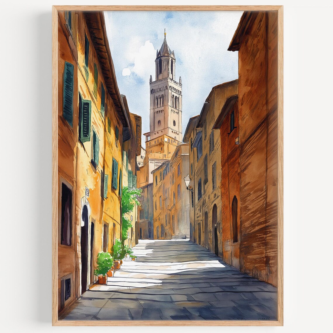 Siena Italy Watercolor Sunlit Old Street Tower Tuscany Travel Poster