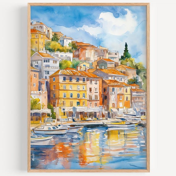 Rijeka Watercolor Painting Wall Art Print Travel Poster Croatia Decor Illustration Home