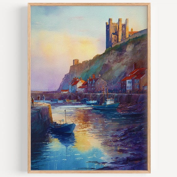 Whitby Watercolor Painting Uk Wall Art Print Travel Poster England Decor Illustration Home