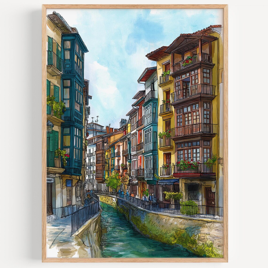 Pamplona Spain Colorful Canal Old Town Balcony Watercolor Travel Poster