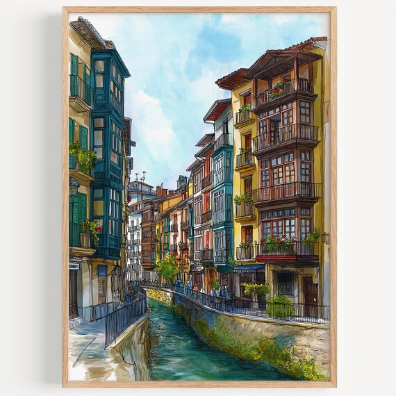 Pamplona Spain Colorful Canal Old Town Balcony Watercolor Travel Poster