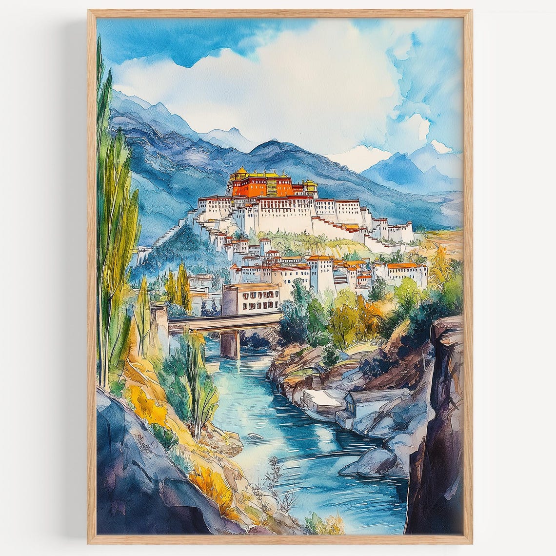 Lhasa Tibet Potala Palace Watercolor Mountains River And Bridge Poster