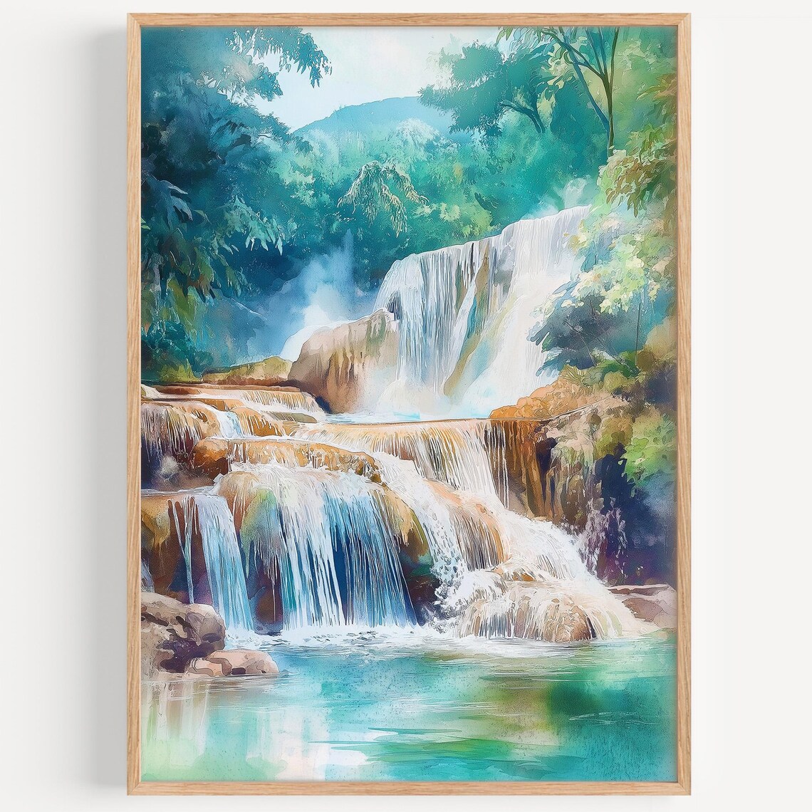Kuang Si Fall Watercolor Travel Poster, Laos Decor