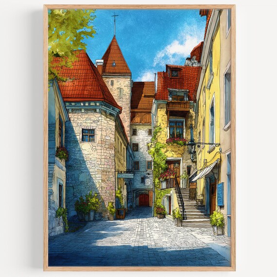 Tallinn Old Town Medieval Street Cobblestones Watercolor Estonia Poster