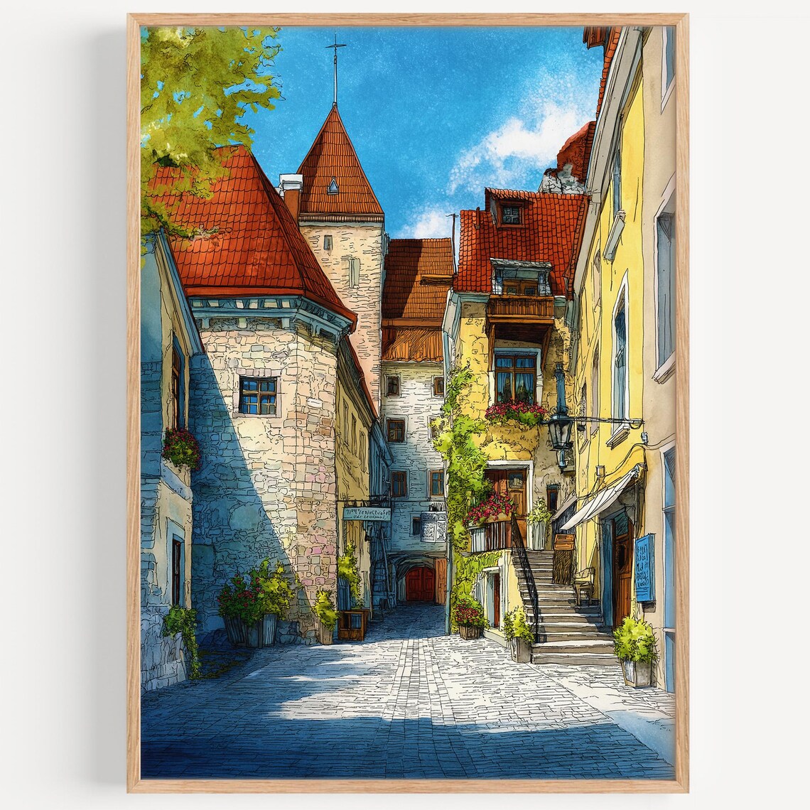 Tallinn Old Town Medieval Street Cobblestones Watercolor Estonia Poster