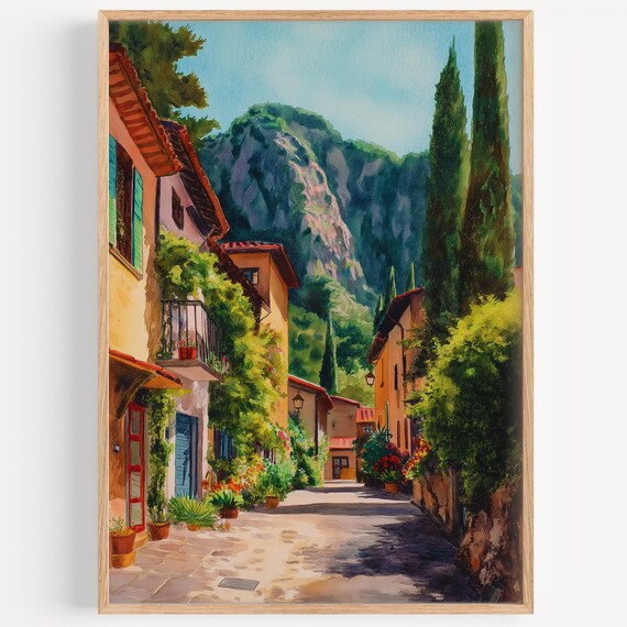 Charming Mediterranean Village Street Flowers Mountain Watercolor Poster