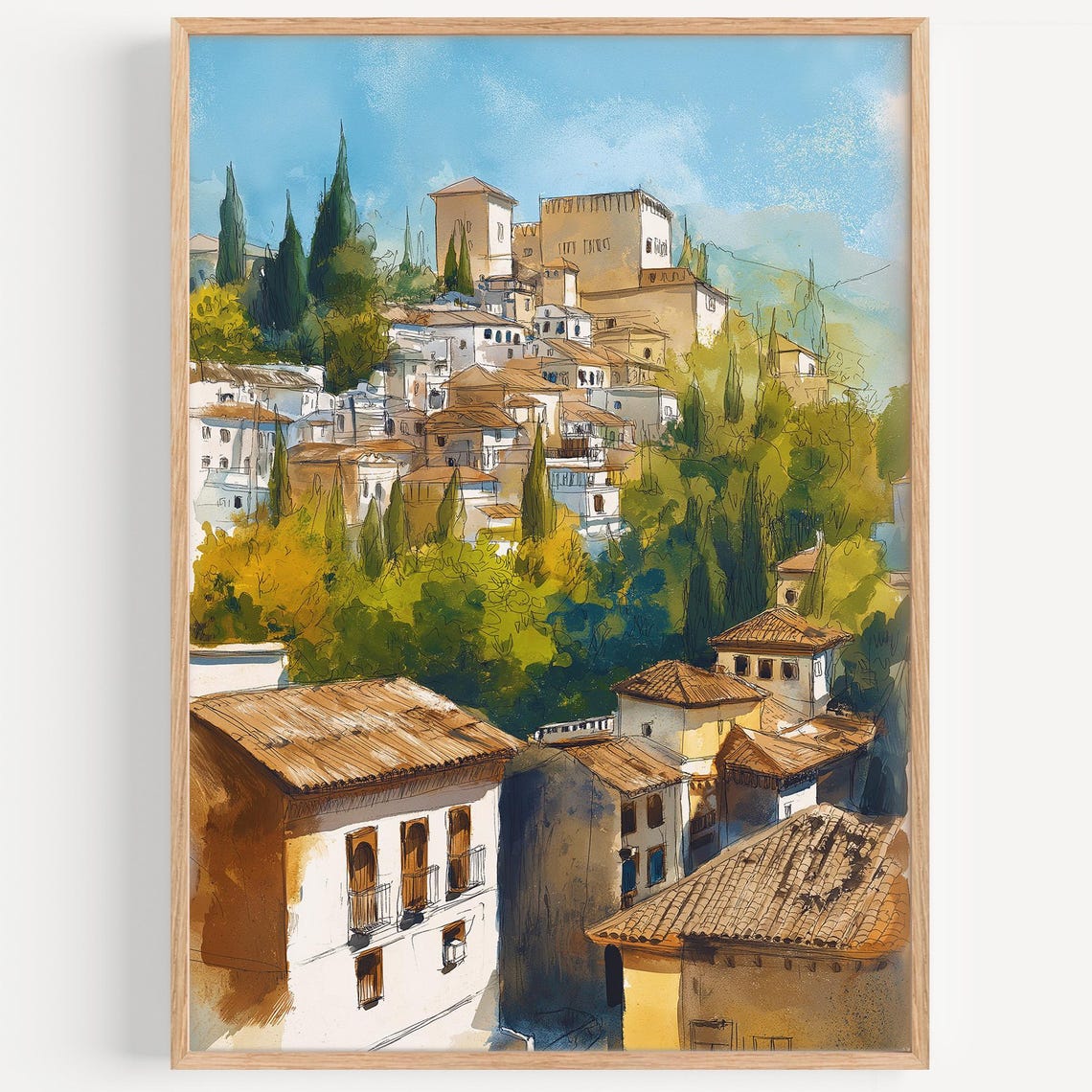 Whitewashed Hillside Town With Cypress Trees Watercolor Poster