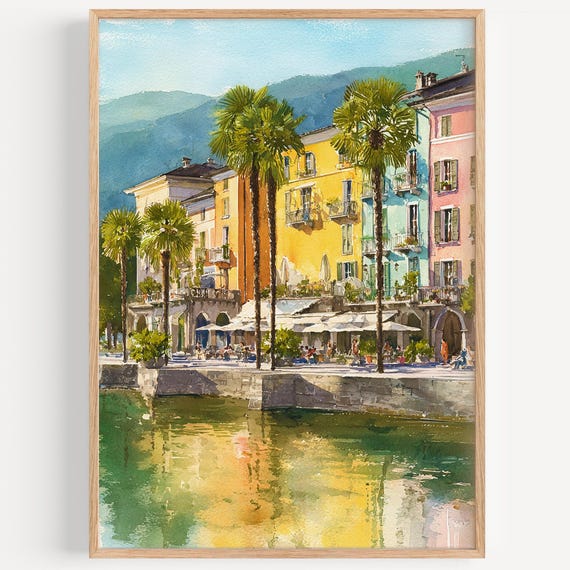 Ascona Watercolor Painting Wall Art Print Swiss Travel Poster Switzerland Decor Illustration Home