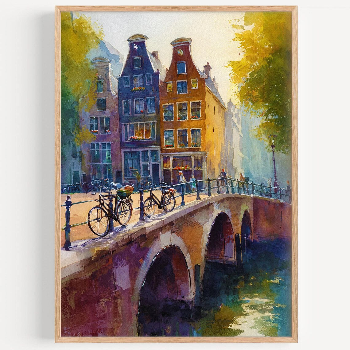 Amsterdam Canal Bridge Bicycles Watercolor Netherlands Travel Poster