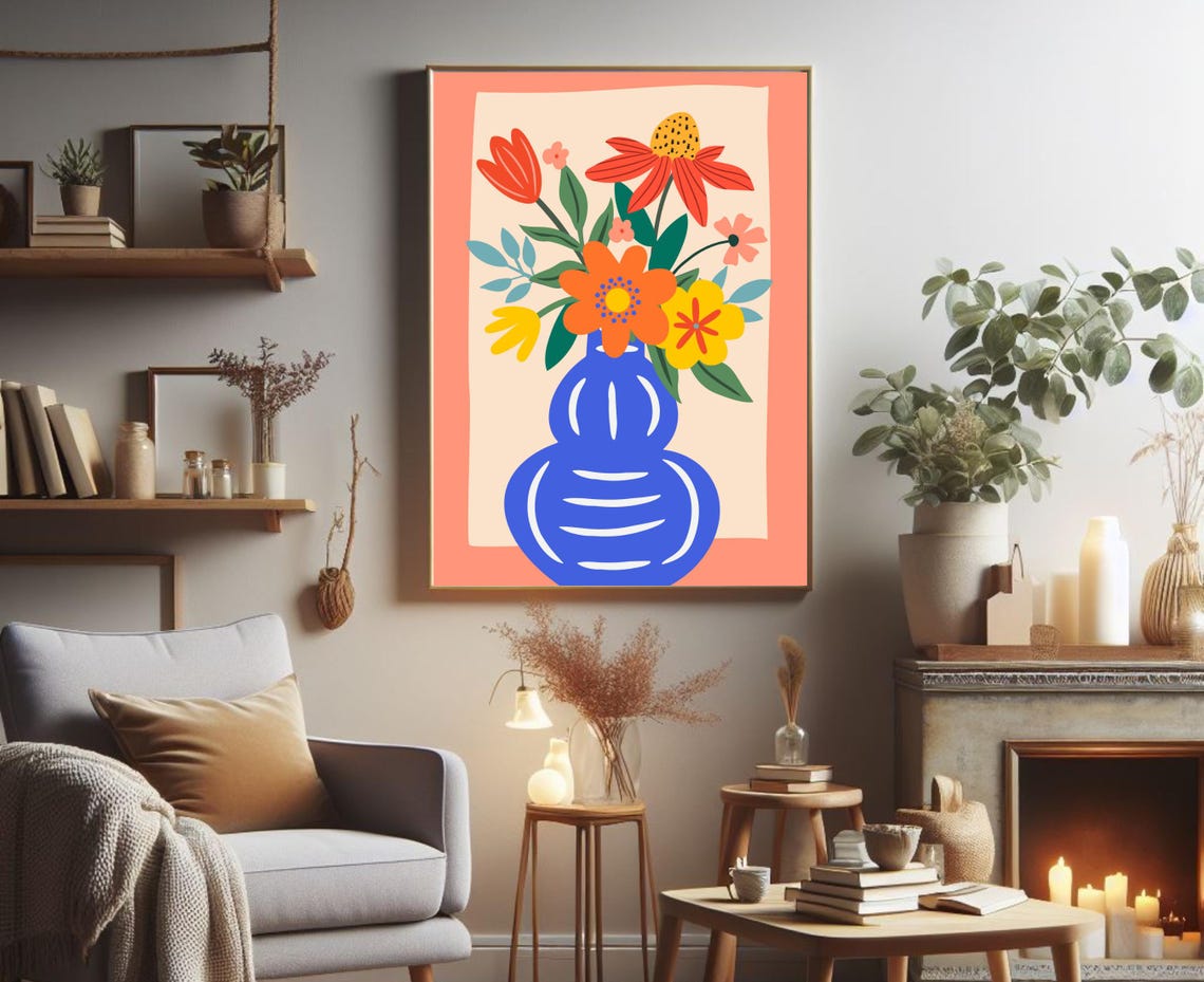 Modern Flat Floral Bouquet In Cobalt Blue Vase On Peach Art Print - Image 3