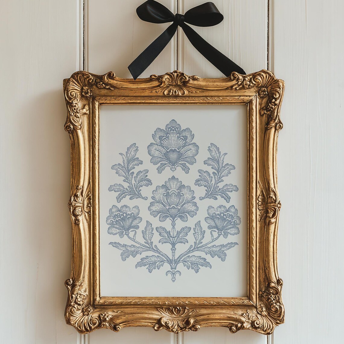 Blue Ink Line Botanical Damask French Country Floral Wall Art