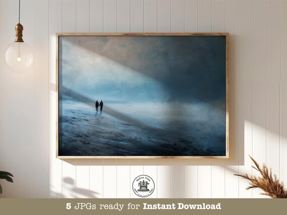 Foggy Beach Walkers Moody Blue Coastal Minimalist Seascape Poster