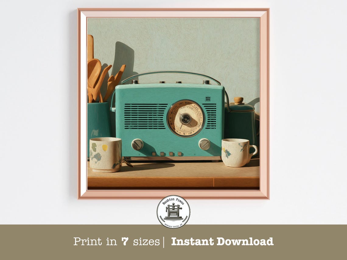 Teal Retro Radio Still Life Print Vintage Kitchen Shelf Decor