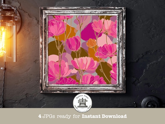 Pink Blossom Gold Stems Modern Abstract Botanical Flower Poster