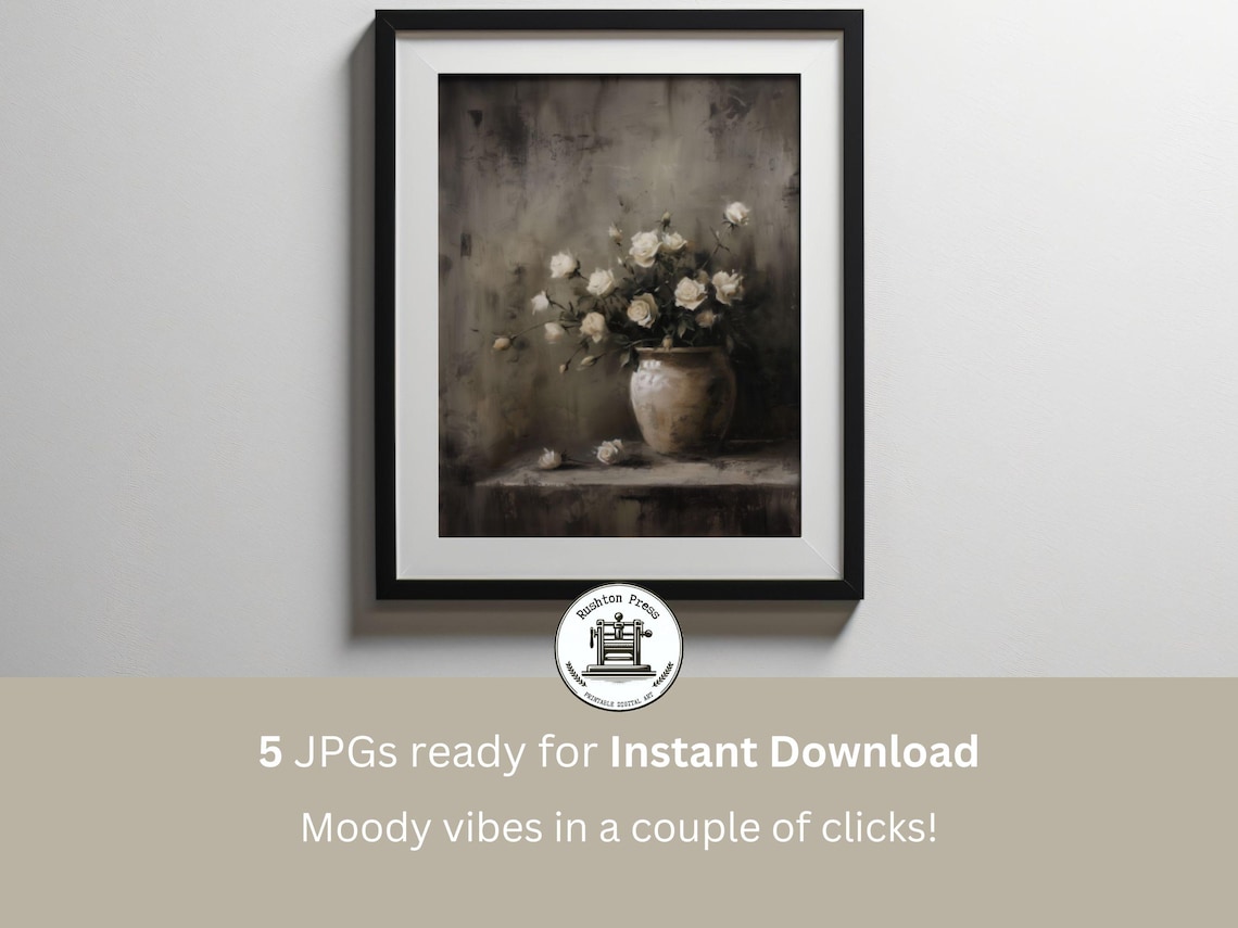 Moody White Roses Still Life Dark Floral Oil Painting Poster