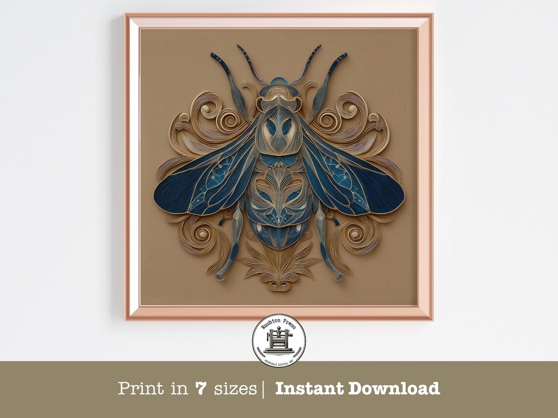 Blue and Gold Ornate Bee Quilling Art Print Intricate Paper Craft Wall Decor