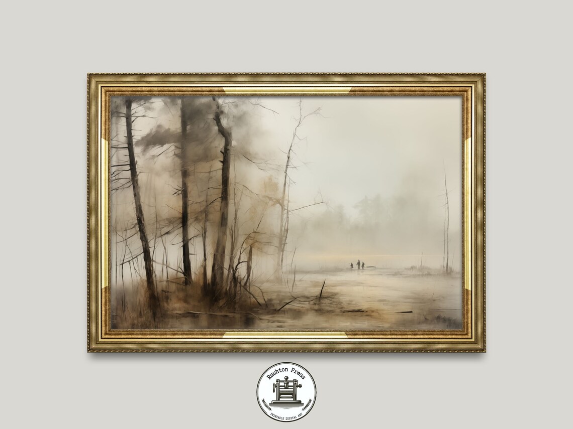 Misty Lakeside Pine Forest Foggy Morning Lake Painting Poster