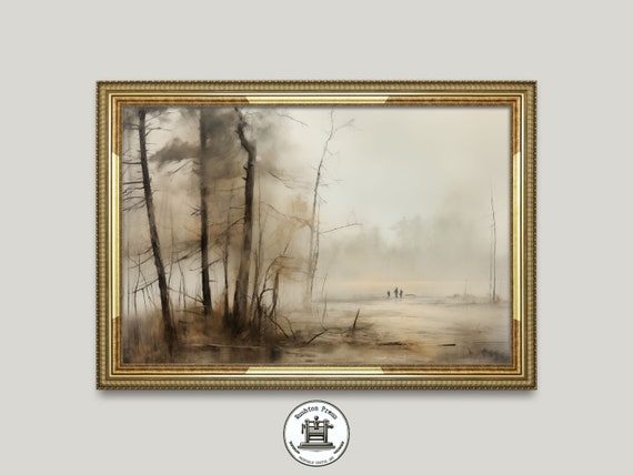 Vintage Lakeside Forest Painting Landscape Art Print Moody Atmospheric