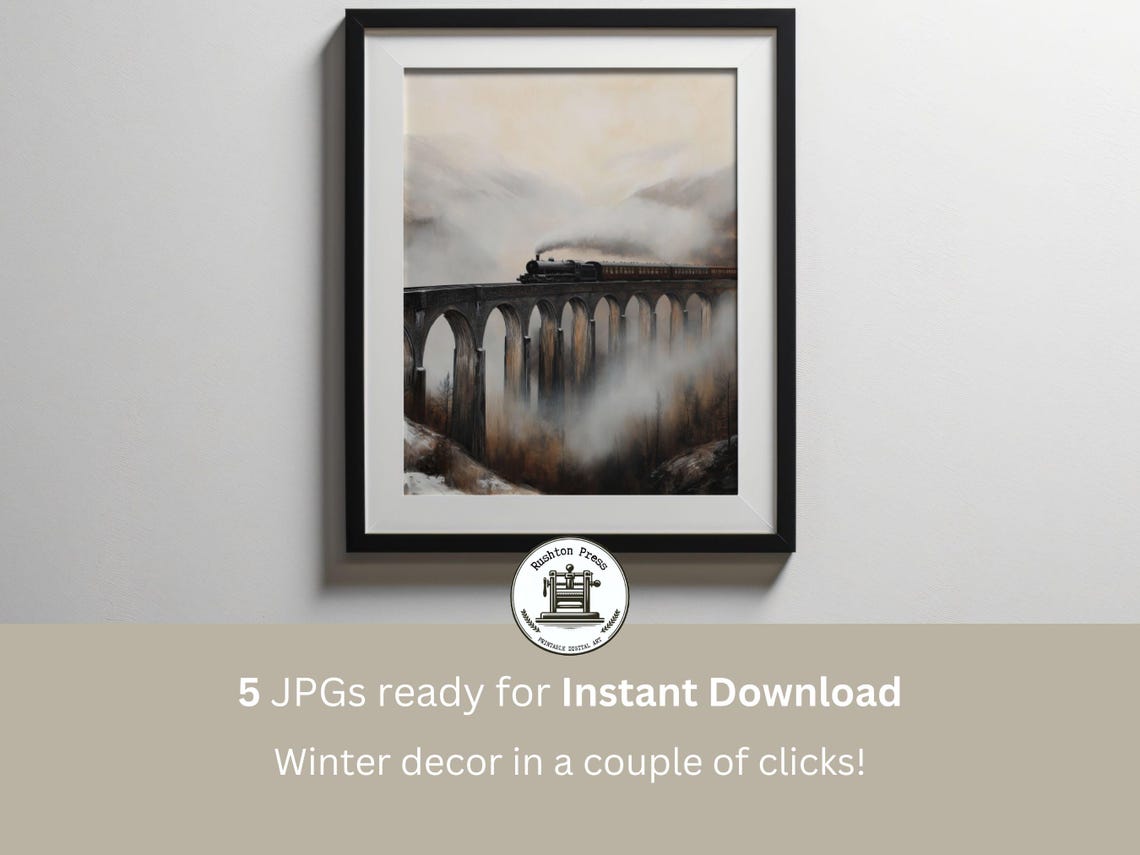 Steam Train Crossing Misty Stone Viaduct Winter Landscape Poster