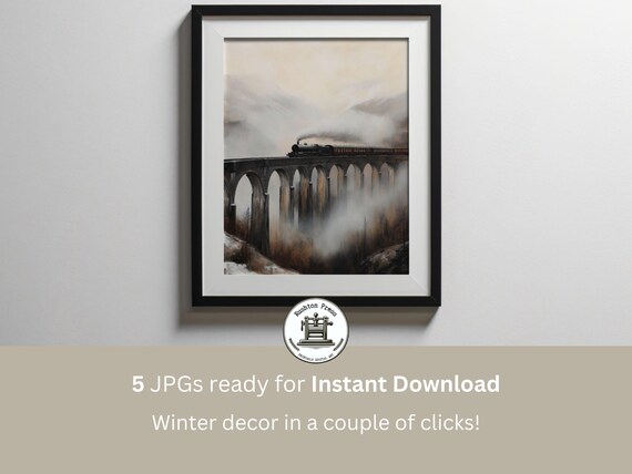 Steam Train Crossing Misty Stone Viaduct Winter Landscape Poster