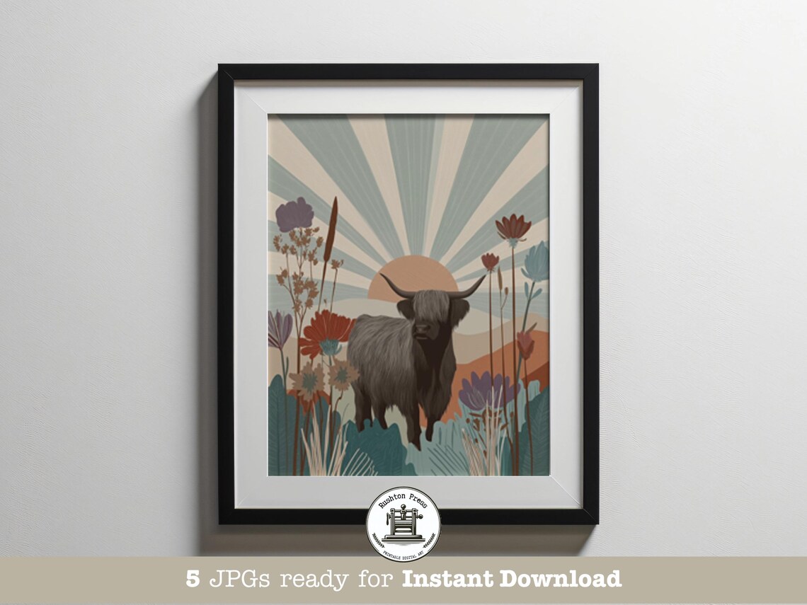 Midcentury Modern Highland Cow Wildflower Sunrise Sunburst Wall Art
