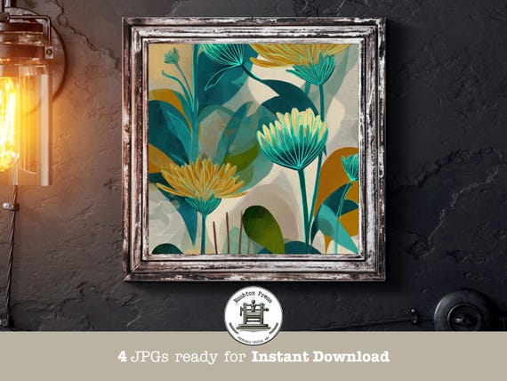 Teal Floral Print Modern Abstract Botanical Art 5x520x20