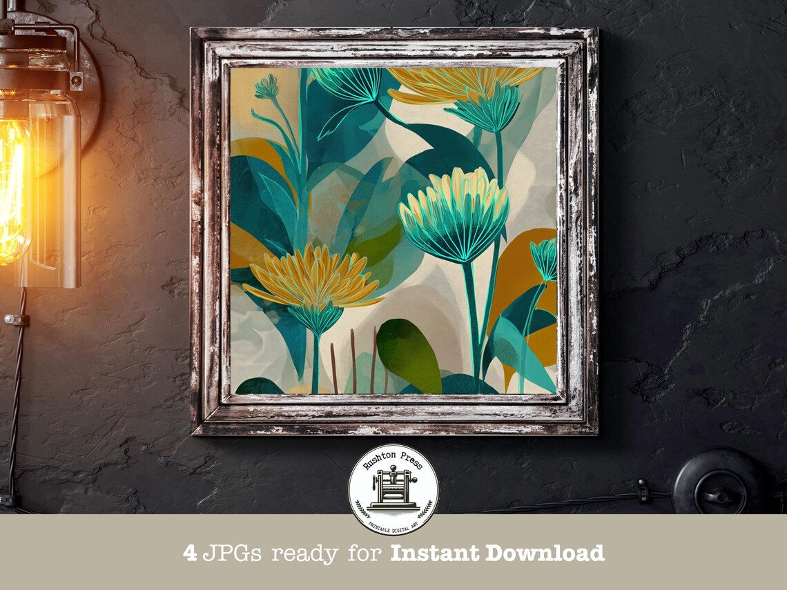 Teal Gold Chrysanthemum Modern Abstract Botanical Flower Poster