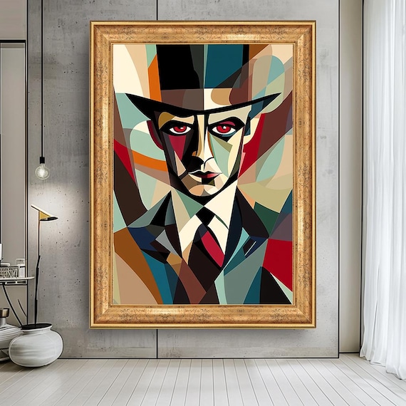 Cubist Man Portrait Red Eyes Hat Angular Color Block Art Poster
